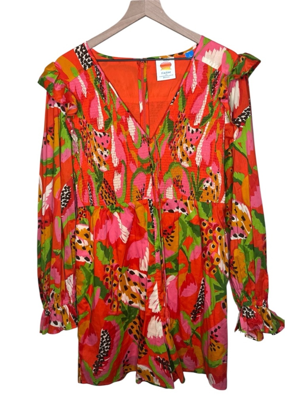 FARM Rio Orange Pink Green Floral V-Neck Romper